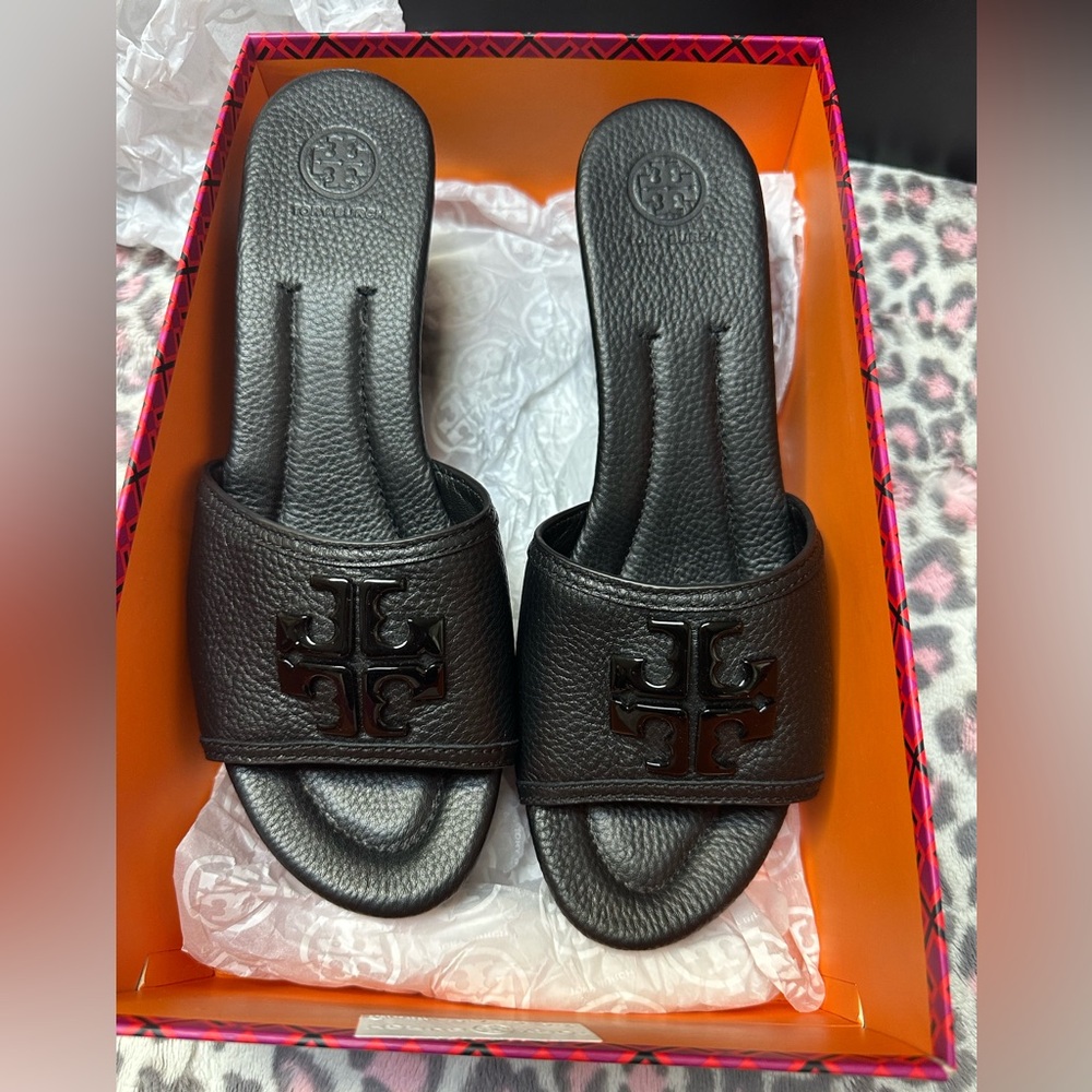 TORY BURCH LOWELL 2 80MM WEDGE SLIDE 50878 - PERFECT BLACK - SIZE US 9